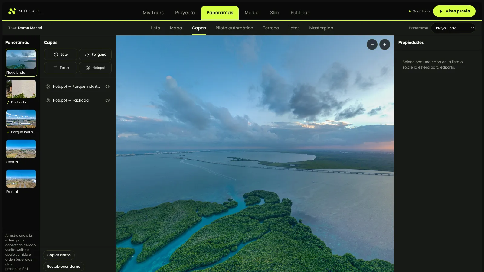 Editor de Mozari con la lista de panoramas y sus capas